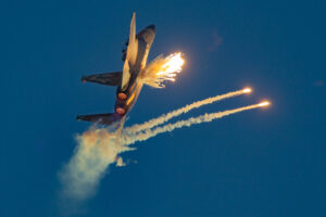 An Israeli Air Force F-15I "Ra'am" (Thunder) of the 69th squadron releases anti-missile flares Tail no. 235